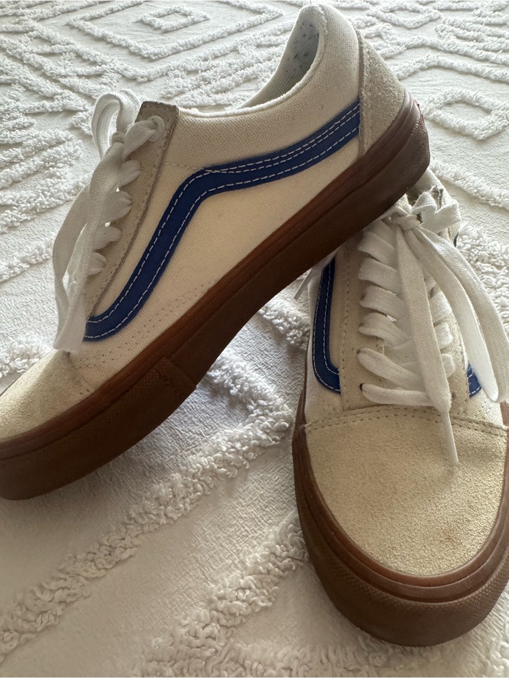 Vans Low-Top Canvas Sneakers in Cream with Blue Stripe and Brown Sole